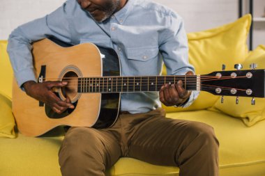 Akustik gitar evde oynarken üst düzey ABD'li adam resmini kırpılmış