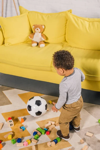 High Angle View Adorable Little African American Child Playing Soccer — Stock Photo, Image
