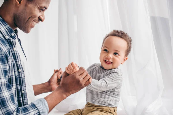 Cropped Shot Happy Father Playing Cute Little Son Home — Stock Photo, Image