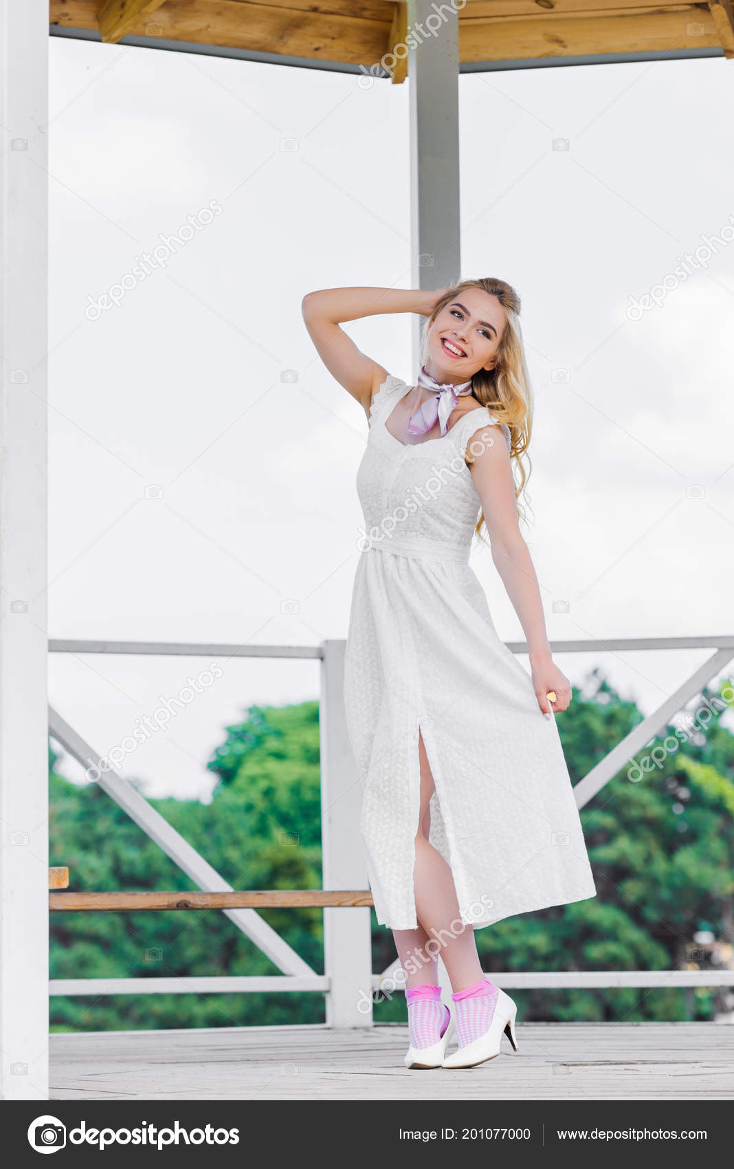 Full Length View Beautiful Stylish Blonde Girl Tender White Dress