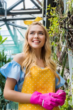 önlük ve lastik eldiven uzakta iken makas tutan ve serada çalışan seyir içinde güzel gülümseyen kadın düşük açılı görünüş