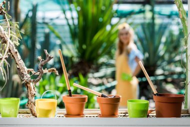 close-up view of pots with gardening tools and young woman standing behind in greenhouse clipart