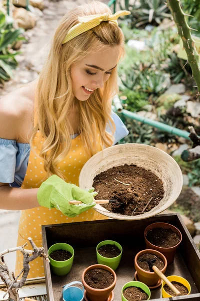 Beautiful Smiling Blonde Woman Holding Bowl Soil Working Greenhouse — Stock Photo, Image