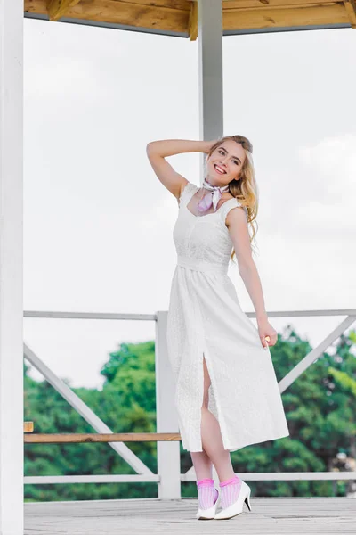 Full Length View Beautiful Stylish Blonde Girl Tender White Dress — Stock Photo, Image