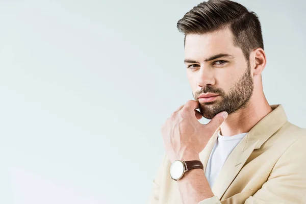 Fashionable Confident Man Hand Face Isolated White Background — Stock Photo, Image