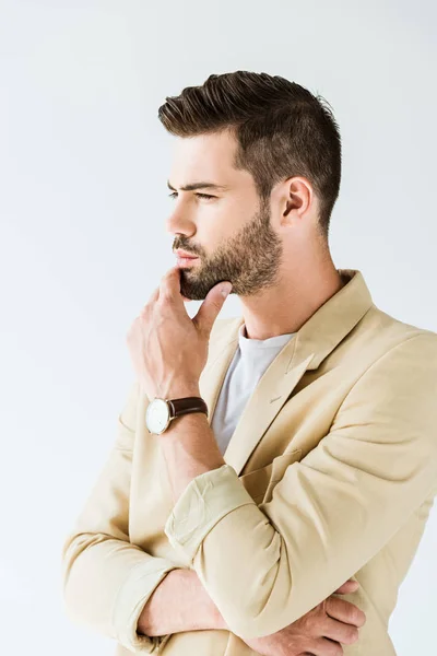 Fashionable Confident Man Thinking Hand Face Isolated White Background — Stock Photo, Image