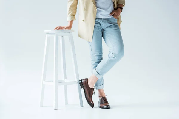 Cropped View Stylish Young Man Standing White Stool White Background — Stock Photo, Image