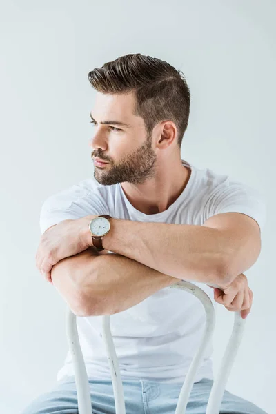 Fashionable Confident Man Sitting Chair Looking Away Isolated White Background — Stock Photo, Image