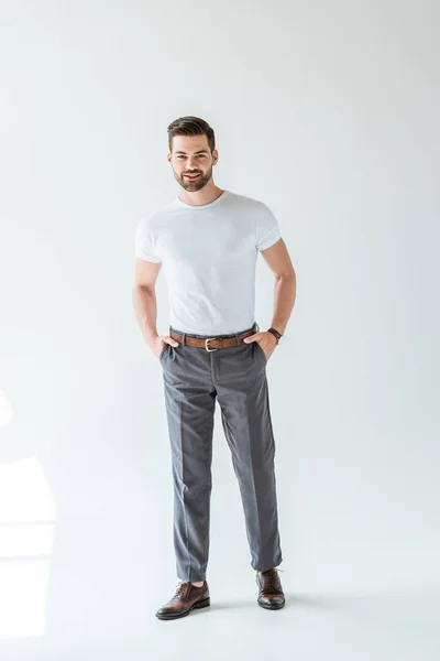 Stylish Young Man Wearing White Shirt White Background — Stock Photo, Image