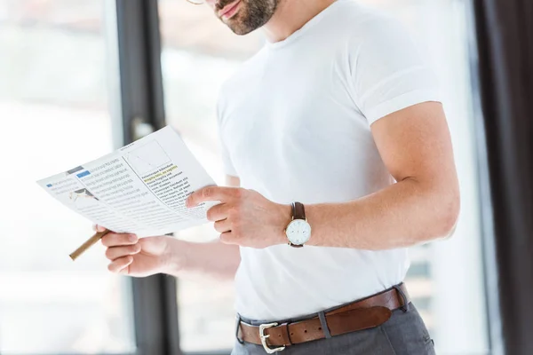 Stylish Young Businessman Reading Business Report Holding Cigar Window — Stock Photo, Image