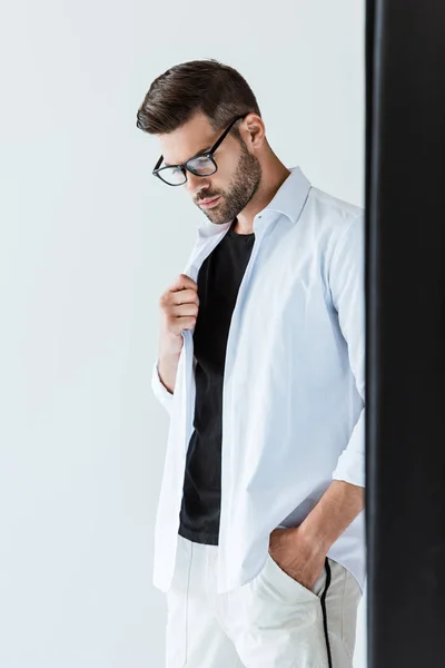 Thoughtful Bearded Man Glasses Standing Black Curtain — Stock Photo, Image