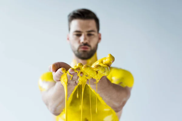 Handsome Bearded Man Showing Hands Covered Yellow Paint Isolated White — Stock Photo, Image