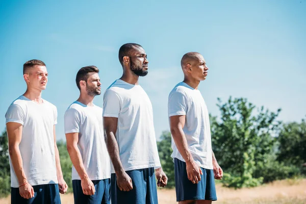 Side View Interracial Young Soldiers Standing Range Summer Day — Stock Photo, Image