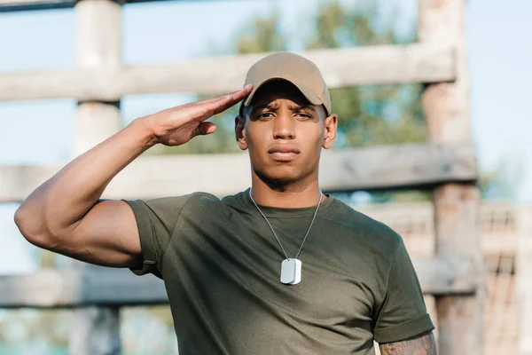 Portrait Confident African American Soldier Cap Tag Dog Range — Stock Photo, Image
