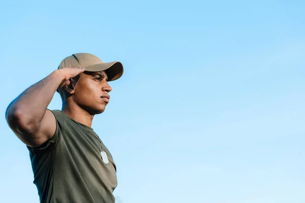 Side View African American Soldier Cap Tag Dog Blue Sky — Stock Photo, Image