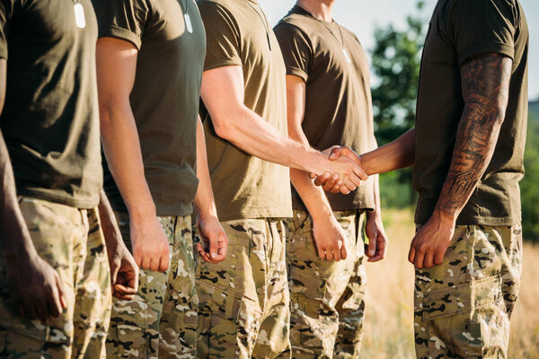 partial view of soldier and tactical instructor in military uniform shaking hands on range