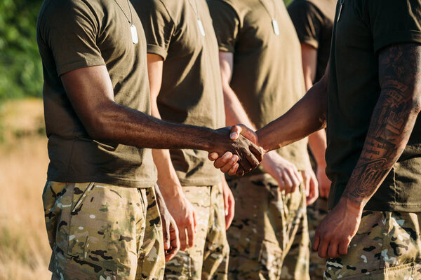 partial view of african american soldier and tactical instructor in military uniform shaking hands on range