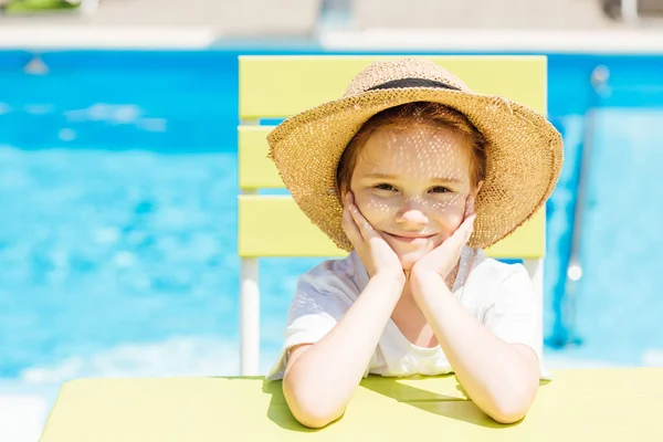 Adorable Little Child Straw Hat Sitting Chair Front Swimming Pool — Stock Photo, Image