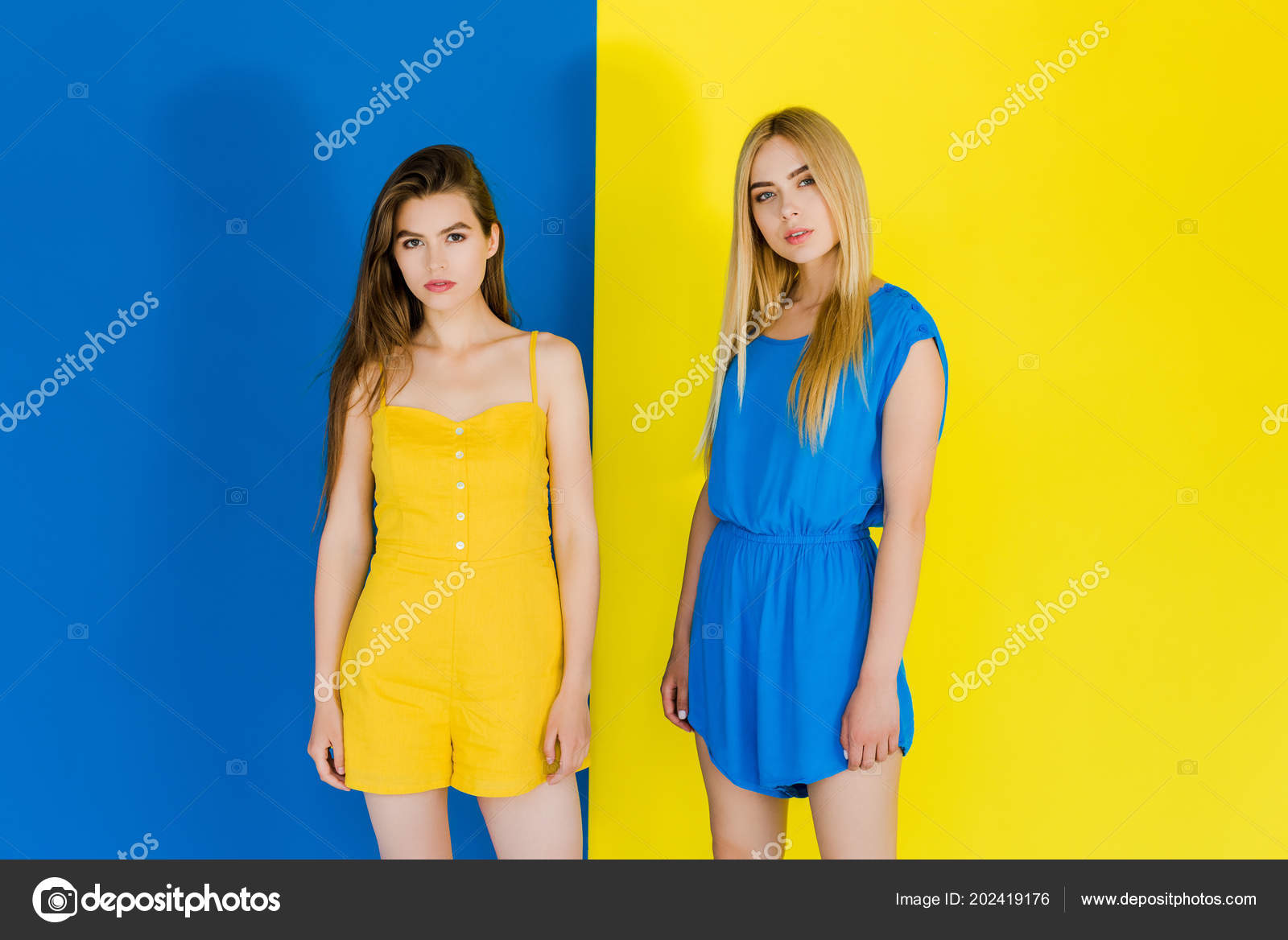 Elegant Stylish Women Blue Yellow Clothes Blue Yellow Background