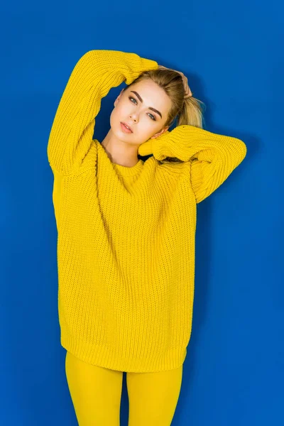 Attractive Young Girl Yellow Sweater Blue Background — Stock Photo, Image