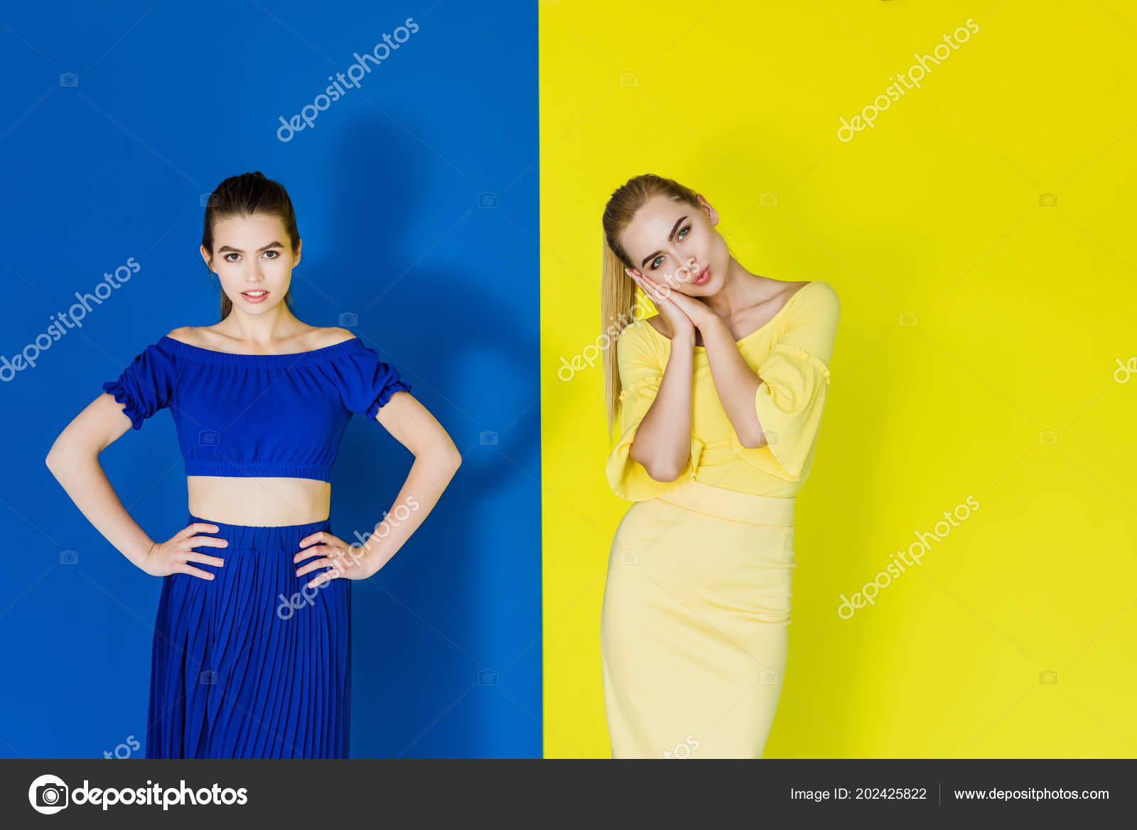 Attractive Young Girls Blue Yellow Outfits Posing Matching Backgrounds Stock Photo C Igorvetushko Attractive Young Girls Blue Yellow Outfits Posing Matching Backgrounds Stock Photo C Igorvetushko