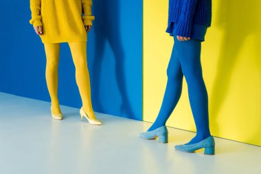 Cropped view of girls in contrasting outfits posing on blue and yellow background