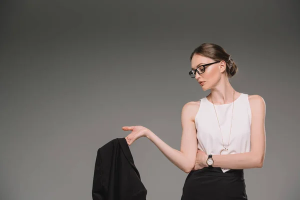 Vue Latérale Une Femme Affaires Séduisante Lunettes Détournant Les Yeux — Photo