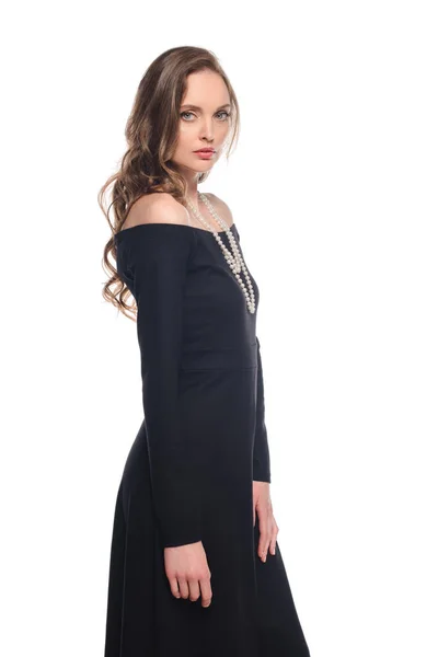 Hermosa Mujer Vestido Negro Posando Aislado Sobre Fondo Blanco —  Fotos de Stock