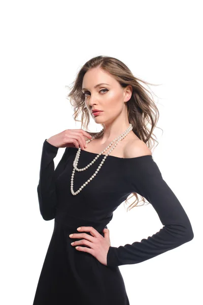 Элегантная Женщина Черном Платье Позирует Изолированно Белом Фоне — стоковое фото