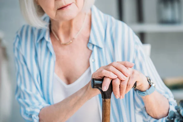 Partial View Senior Lady Wooden Walking Stick Home — Stock Photo, Image