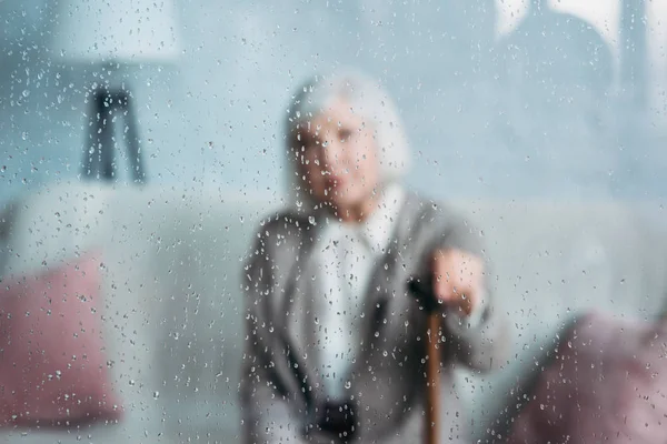 Selective Focus Grey Hair Lady Walking Stick Resting Sofa Home — Stock Photo, Image