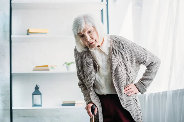 Retrato Señora Pelo Gris Akimbo Con Bastón Pie Medio Habitación — Foto de Stock