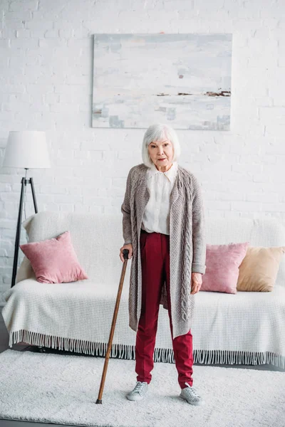 Grey Hair Lady Wooden Walking Stick Standing Middle Room Home — Stock Photo, Image