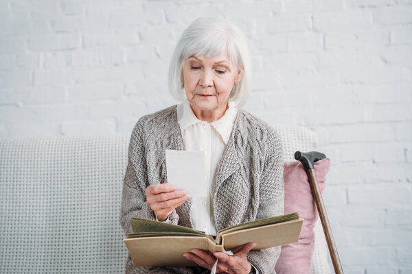 portrait of grey hair lady looking at photos from photo album while resting on couch at home