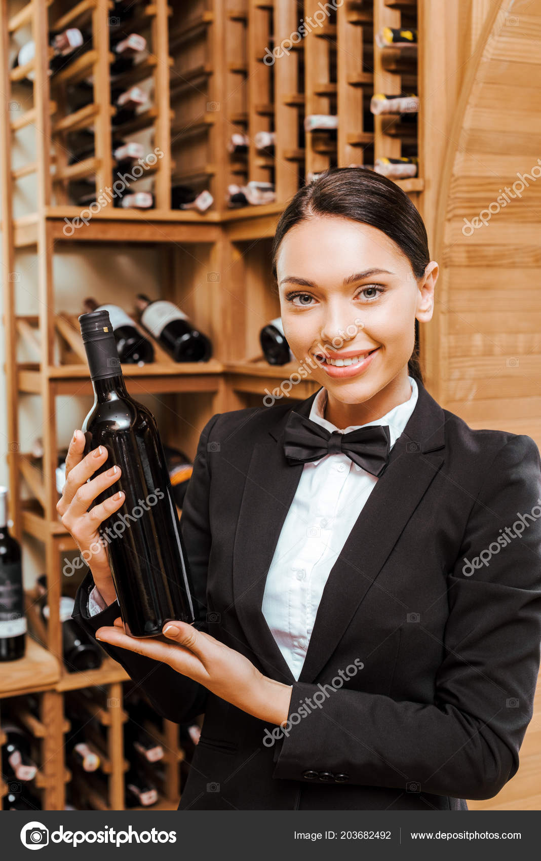 Beautiful Female Wine Steward Holding Bottle Wine Store ⬇ Stock Photo