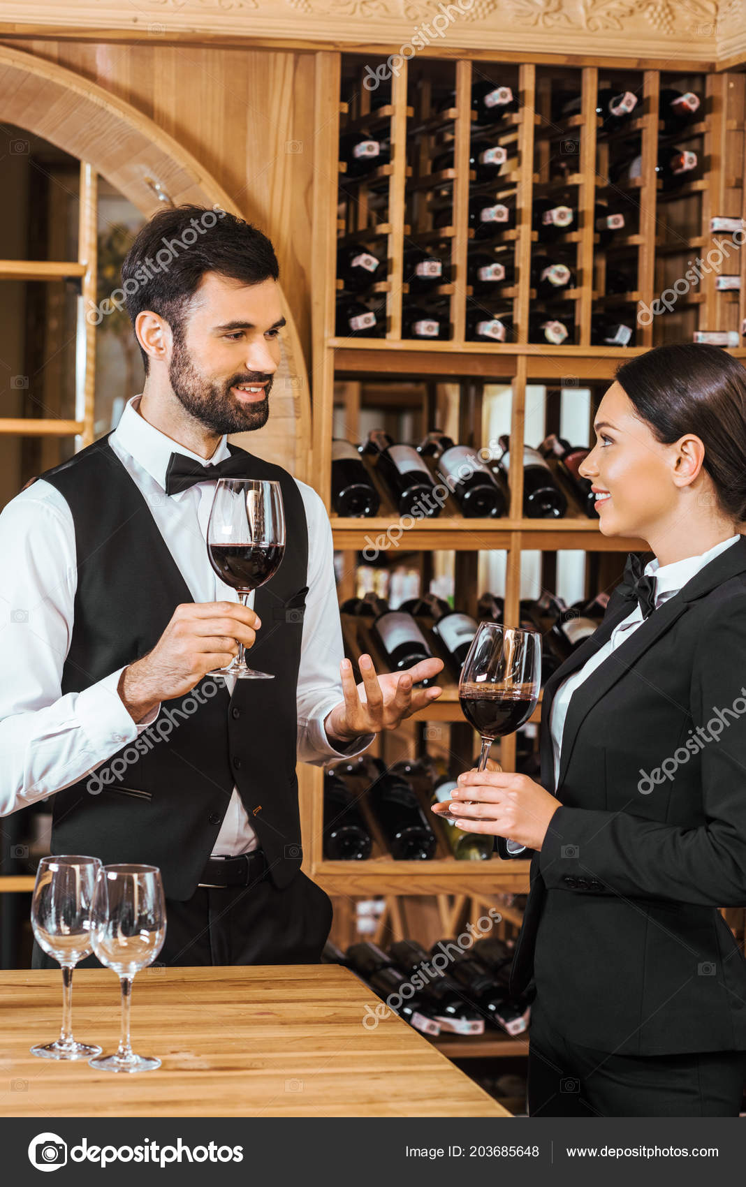 Couple Wine Stewards Making Degustation Together Chatting Wine Store