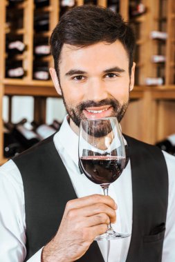 handsome smiling sommelier sniffing red wine from glass at wine store clipart