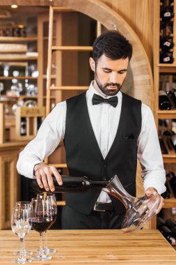 yakışıklı genç şarap steward şarap şarap mağazasında sürahi içine dökme