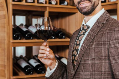 cropped shot of smiling man in tweed jacket with glass of wine at wine store clipart