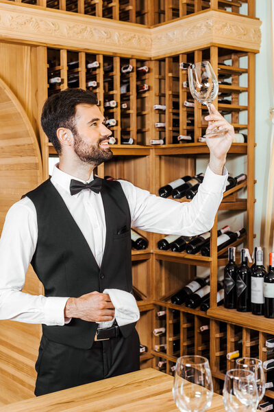 handsome young wine steward checking clean glass at wine store