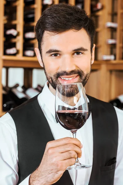 Красивый Улыбающийся Сомелье Нюхает Красное Вино Бокала Винном Магазине — Бесплатное стоковое фото