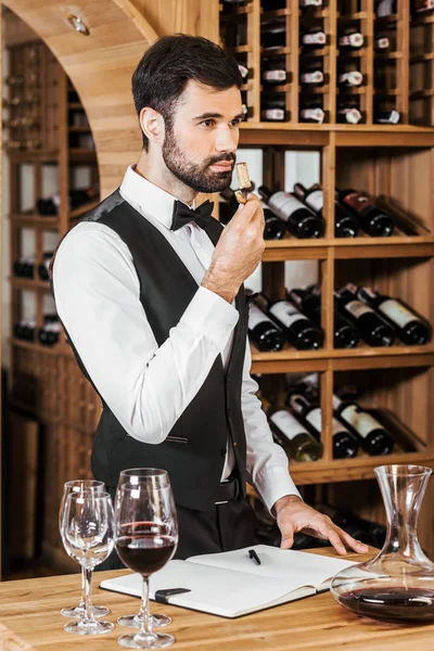 英俊年轻的酒管家检查芳香瓶 Corc 在商店开业葡萄酒 — 图库照片