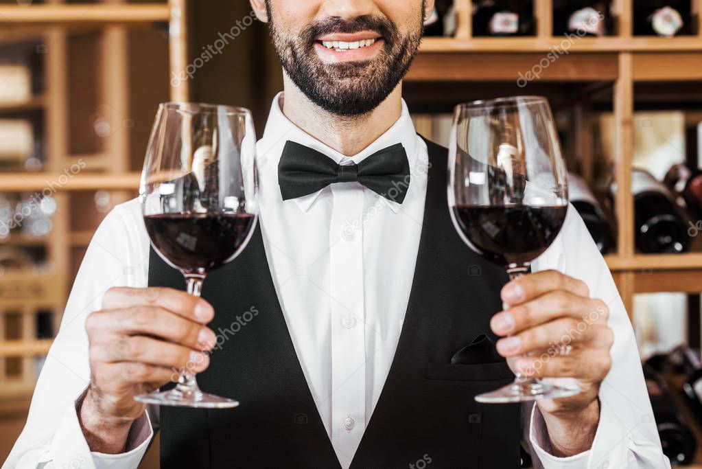 cropped shot of smiling young sommelier holding two glasses of red wine at wine store