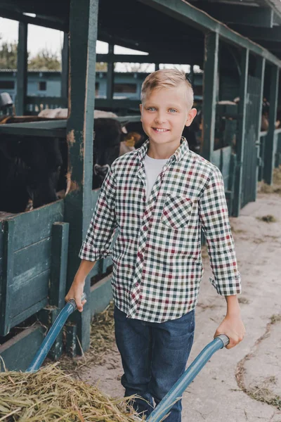 Boy Pushing Wheelbarrow Grass Smiling Camera Cowshed — Stock Photo, Image