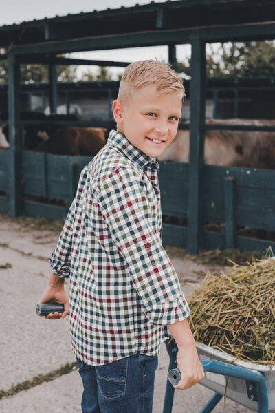 happy boy pushing wheelbarrow with grass and smiling at camera in cowshed 