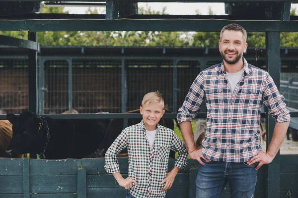 Happy Father Son Standing Hands Waist Smiling Camera Farm — Stock Photo, Image