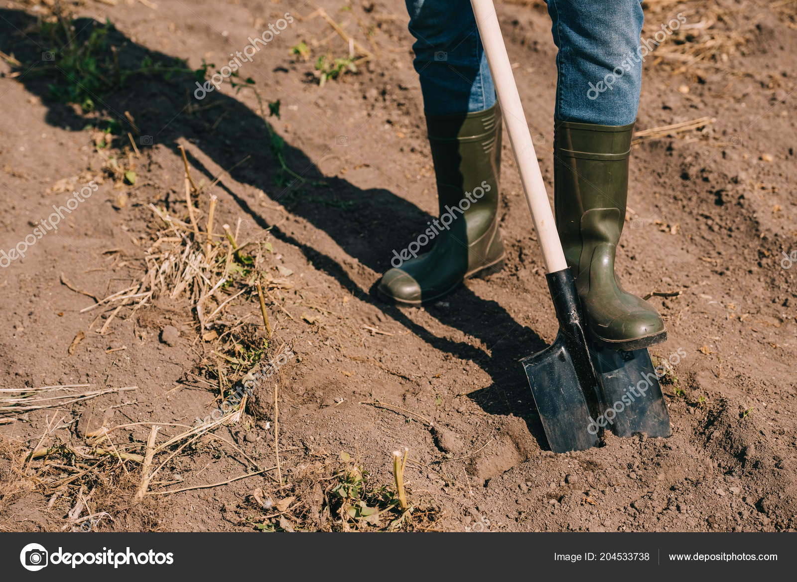 Лопата копать огород. Рыхление почвы в саду. Фермер в резиновых сапогах. Копка огорода вручную. Лопата для грядок.