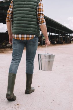 cropped shot of farmer in rubber boots holding bucket and walking in cowshed clipart