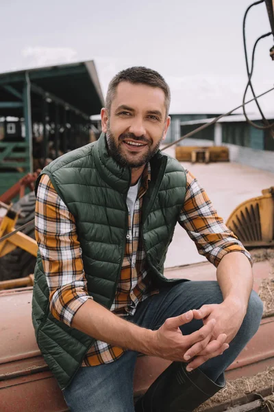 Handsome Male Farmer Sitting Smiling Camera Ranch — Stock Photo, Image