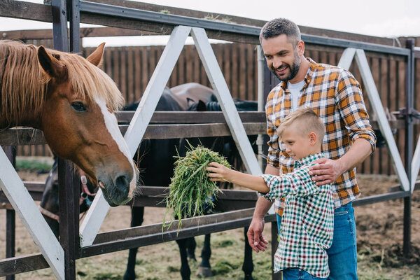 happy father looking at little son feeding horse at farm